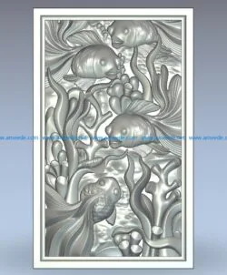 Panel underwater world goldfish picture wood carving file stl for Artcam and Aspire jdpaint free vector art 3d model download for CNC