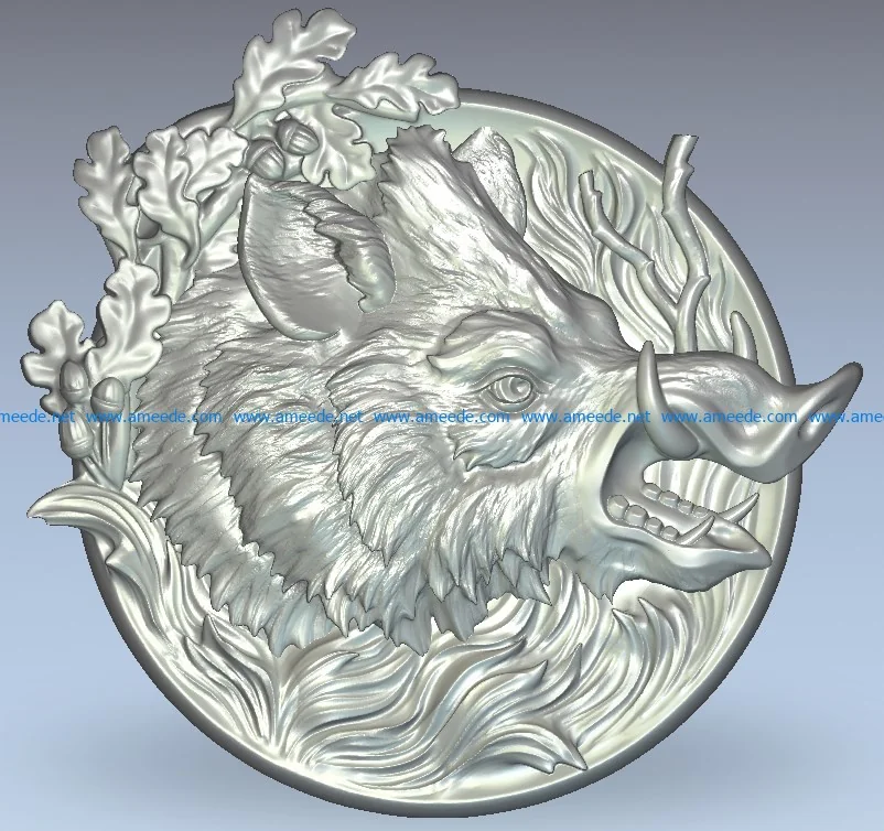 Picture of the wild boar wood carving file stl for Artcam and Aspire jdpaint free vector art 3d model download for CNC